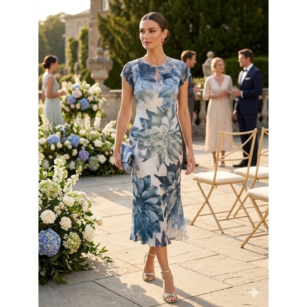 Komarov Blue White Floral Pleated Crinkle Dress M Formal Elegant Artsy Boho Chic
